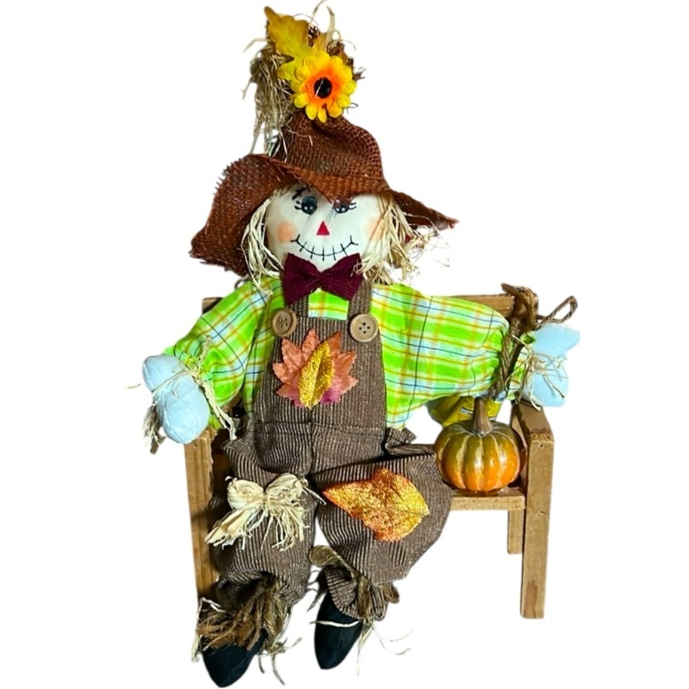 Fall Scarecrow Sitting on a Wooden Bench with a Pumpkin Autumn Scene Fall Decor